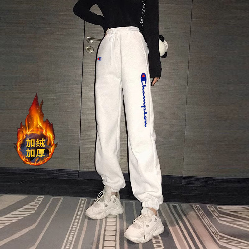 日版冠军卫裤女冬季新款加绒加厚情侣刺绣束脚长裤宽松运动裤男潮