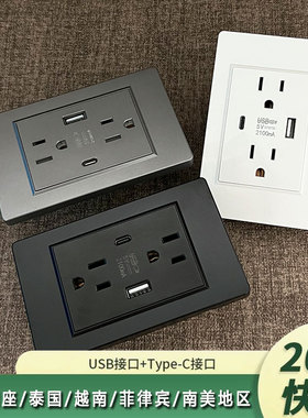 台湾118型15A美规110V插座Typec快充USB面板泰式美标暗装白色玻璃