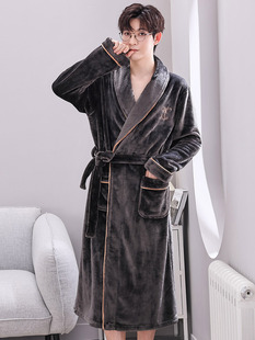 珊瑚绒睡袍男秋冬季加绒加厚大码法兰绒浴袍男款长款睡衣冬天晨袍