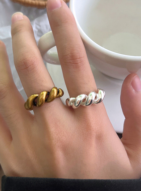 925纯银麻花戒指女牛角包开口