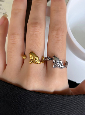 锦鲤925银不对称开口不掉色戒指