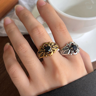 复古镶钻十字架重工纹理指环欧美个性复古925泰银饰品男古铜戒指