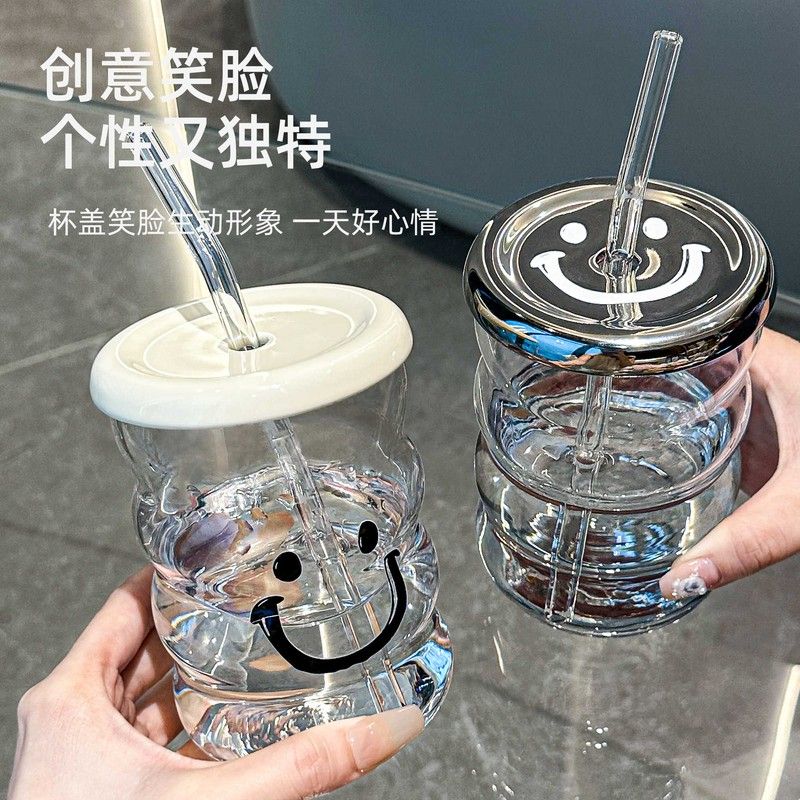 杯子办公室吸管玻璃杯2025新款女高颜值喝水杯家用茶杯咖啡杯带盖图片