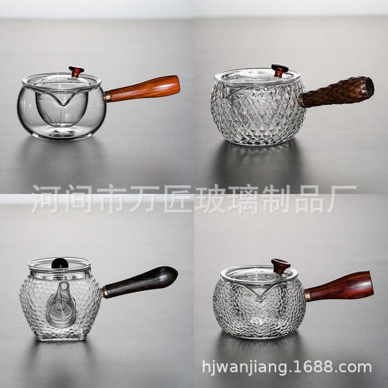 日式玻璃煮茶壶侧把锤纹茶壶带过滤透明泡茶器家用木把锤纹耐高温