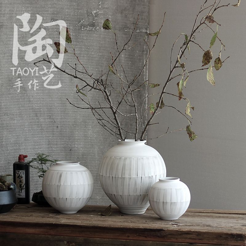 白色花瓶摆件客厅插花水培花器复古粗陶罐子月亮瓶民宿禅意装饰品