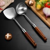 加厚304实木手柄锅铲316不锈钢家用厨具炒菜铲汤勺炒勺套装 防烫柄