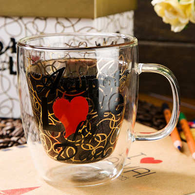 爱屋格林创意印花耐高温办公室水杯带手柄杯子防烫耐热双层玻璃杯