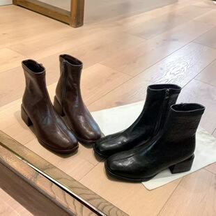 真皮法式方头粗跟短靴小踝靴女秋冬季新款中高跟弹力瘦瘦靴袜子靴