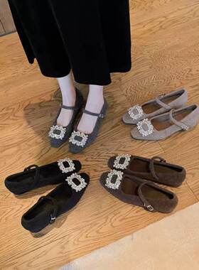 水钻方扣毛毛玛丽珍鞋女秋冬加绒方头一字带粗跟鞋子保暖法式单鞋
