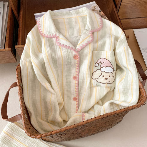 纯棉双层纱布月子服春秋孕妇产后哺乳睡衣春夏季薄款无荧光家居服