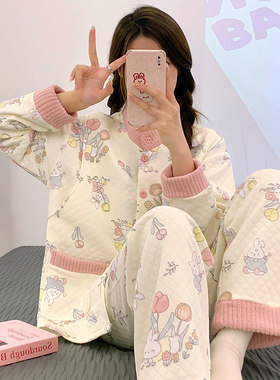 带胸垫秋冬季加厚纯棉月子服