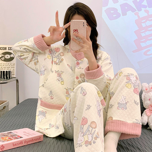 带胸垫秋冬季加厚纯棉月子服