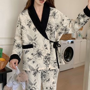 水墨画和服加厚保暖春秋冬季纯棉空气棉月子服大码孕妇睡衣产后