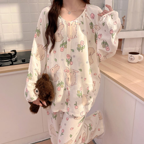 带胸垫纯棉云朵棉泡泡面纱月子服