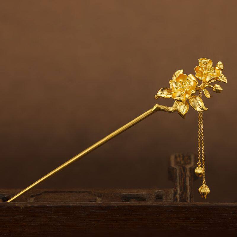 铜镀金国风桃花发簪复古发钗流苏步摇发饰新中式古装扮高级