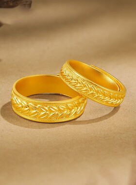 金色麦穗戒指高级感轻奢小众新款古法设计可调节情侣对戒送礼物
