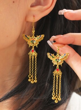 铜镀金双层立体烧蓝蝴蝶耳环蝴蝶项链套组古法花丝流苏幽梦蝶生