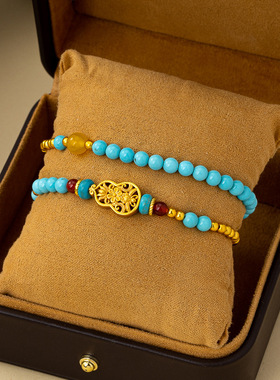 新中式绿松石葫芦古法双圈手链