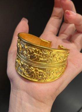 铜镀金牡丹花手镯牡丹花开口手镯簪刻卷草纹宽面护腕婚嫁首饰