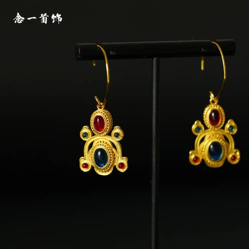 镀金葫芦形嵌宝耳环明代复古宫廷华丽明制狄髻耳坠