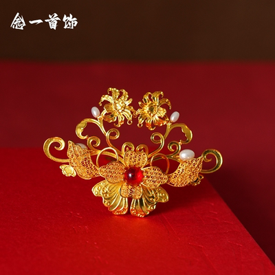 镀金唐风金色卷草发簪仿花丝发冠花钗古风头饰汉服配饰