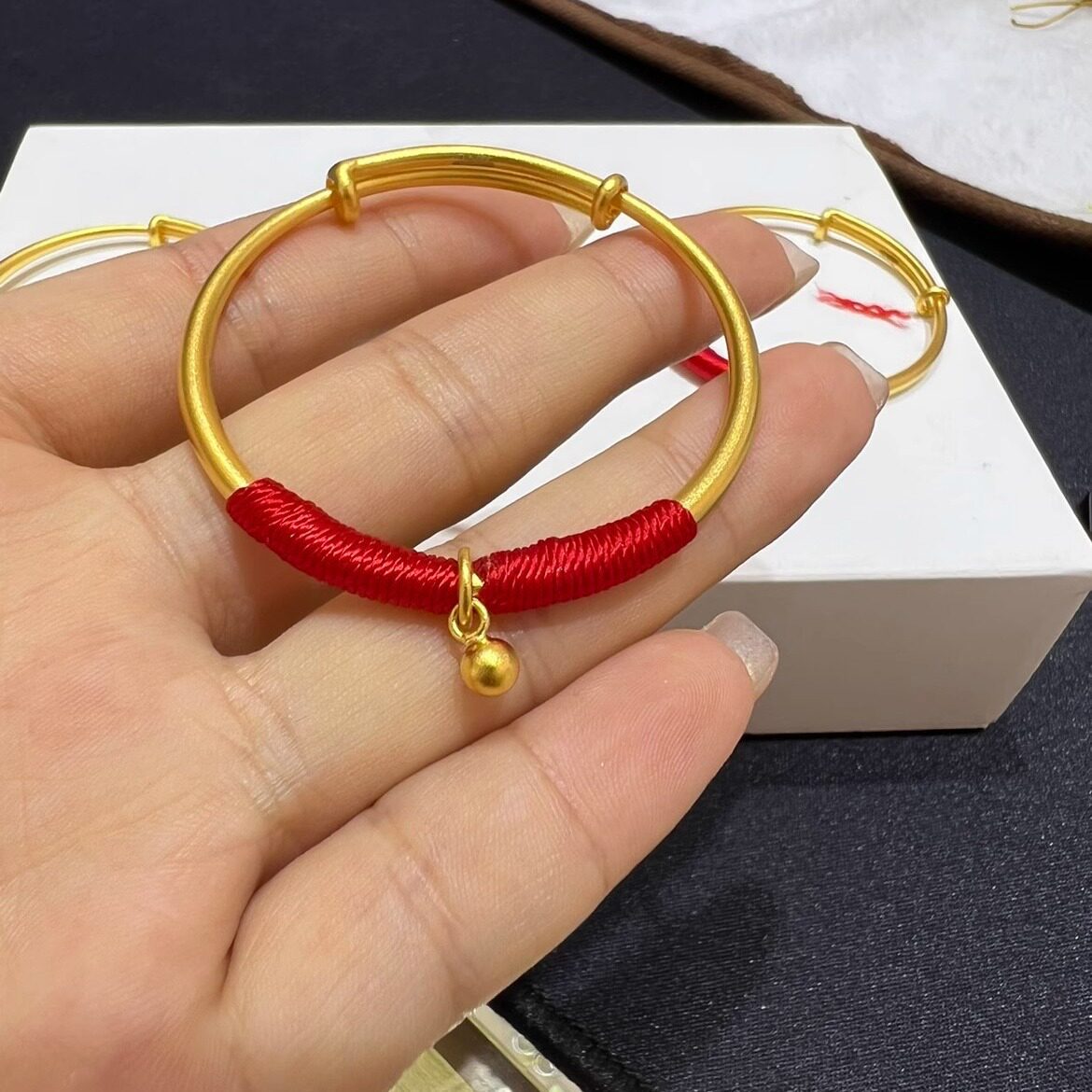 铜镀金宝宝手镯推拉开口可调节圆手环编织红绳儿肚手环