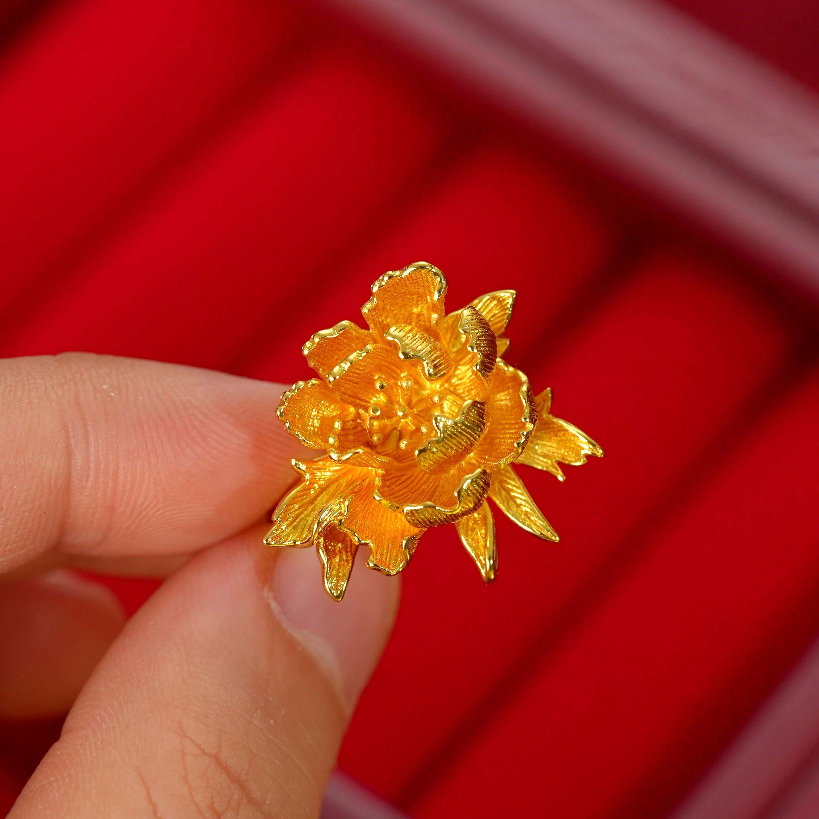 铜镀金牡丹花戒指女款复古国潮婚嫁风假三金花朵食指指环