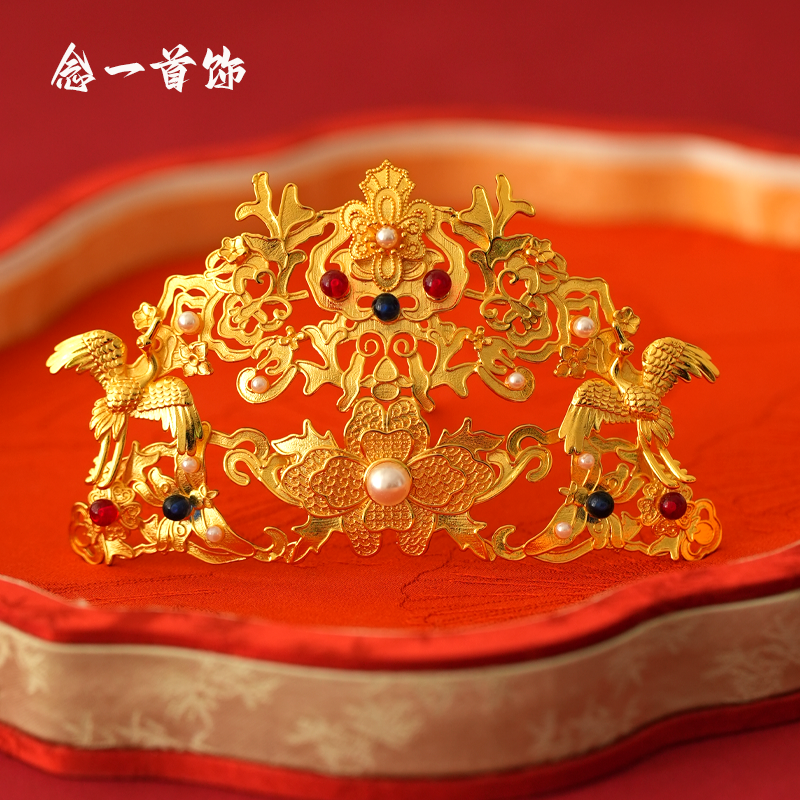 镀金仙鹤发冠唐宋明发冠汉服新娘发冠汉服古风发饰凤冠金色发簪