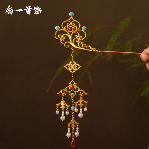 镀金双面绿松宝花流苏发饰发簪珍珠唐代步摇簪子古风汉服发饰