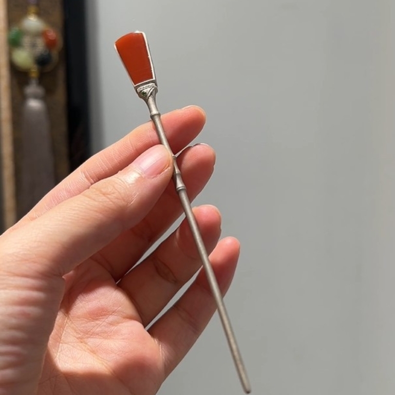 新中式清冷感马鞍南红玛瑙竹节发簪复古牛血红茶拨劲竹簪子