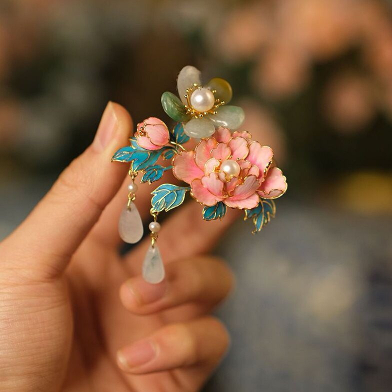 仿点翠花丝烧蓝牡丹珍珠发簪女复古中国风百搭潮流手工制作古典风