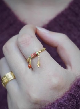 铜镀金福运锦鲤戒指女轻奢高级感时尚中式复古食指戒精致百搭指环