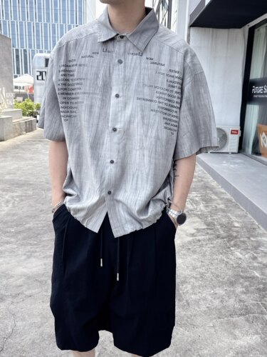 2026新款美式复古字母印花短袖衬衫男宽松休闲百搭上衣