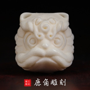 天然鹿角雕刻配饰醒狮南狮头圆珠隔珠文玩手串配挂件吊坠diy散珠