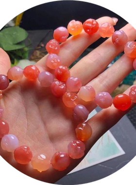 天然粉盐源玛瑙南瓜手串单圈水晶绯红回纹珠佛头手链直播货源批发