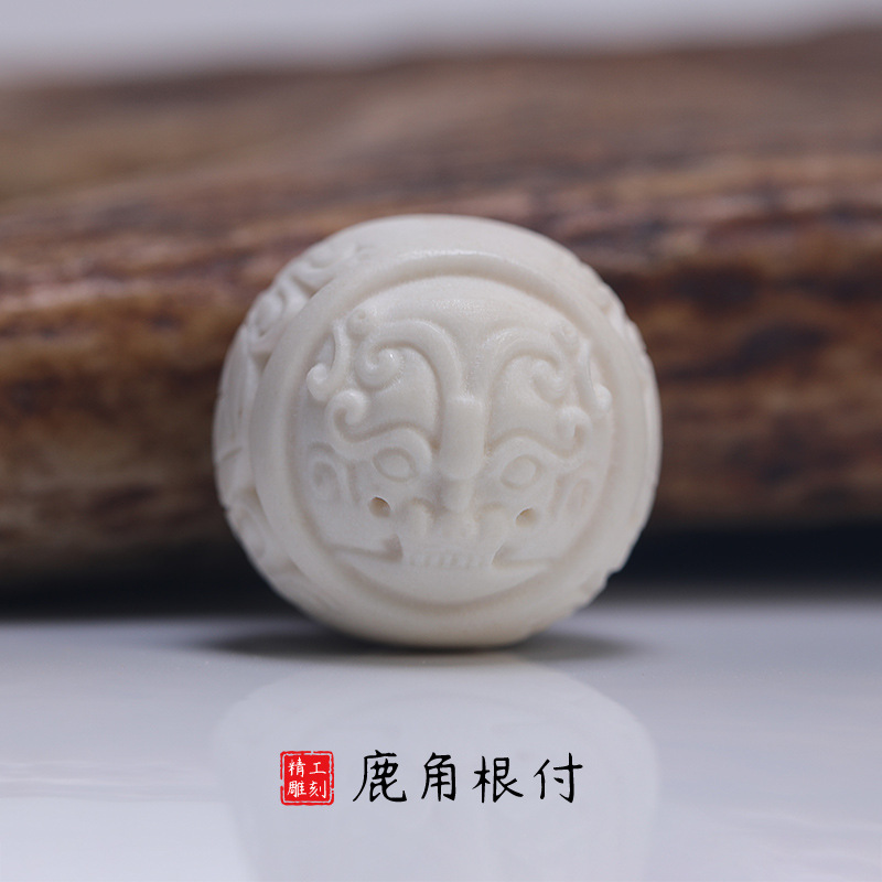 鹿角根付 四象白虎圆珠DIY手串散珠小吊坠配饰文玩雕刻手把件饰品