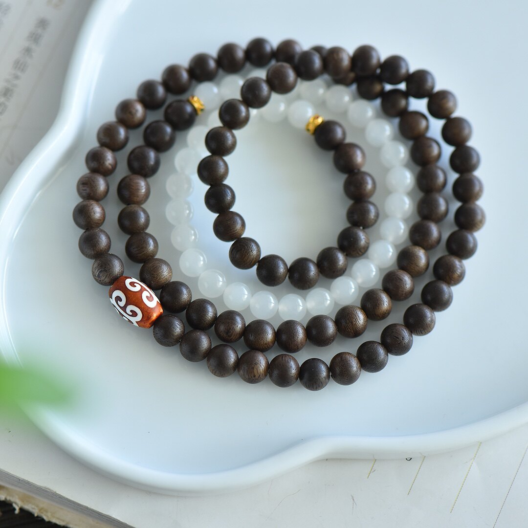 天然和田玉6mm白玉沉香檀木圆珠手链女款玉石手串手饰玉坠挂件
