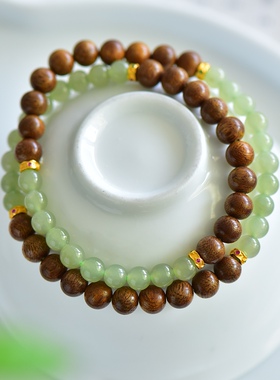 天然和田玉6mm老山檀木沉香晴水双圈手串渐变手串手链女款玉石