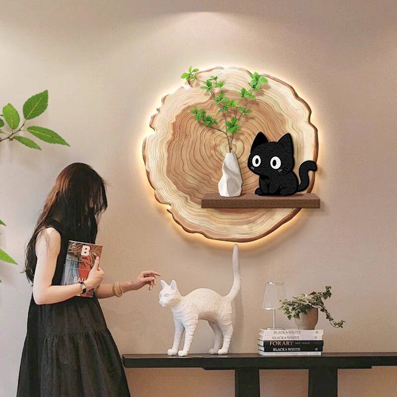 德国品质原木风猫咪餐厅装饰画壁灯高级感客厅玄关墙壁带灯挂画壁