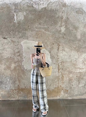 裤子女2023夏季流行新款宽松高腰阔腿裤垂感直筒休闲格纹拖地长裤