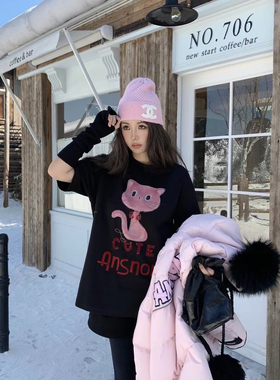 DQ+小众设计师款2024秋冬新款卡通印花圆领长袖t恤女宽松显瘦上衣