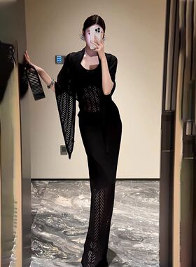 法式名媛风针织套装裙女夏2025新款无袖吊带上衣包臀半身裙三件套