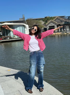 南油BENAO本奥2025春夏女新品小香风双侧口袋极简风设计粉色外套