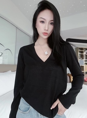 上货店本奥benao极简风纯色V领上衣T恤长袖打底衫女2023春夏新款