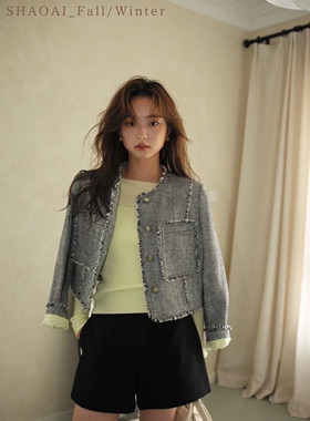 上货店欧洲站2023早秋女装新款毛须边长袖圆领单排扣百搭短款外套