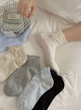 芭蕾风JK袜子女夏季薄款透气miu系镂空花边短筒袜纯色蝴蝶结短袜