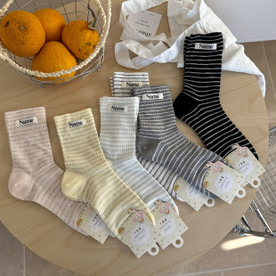ins堆堆棉袜无骨 韩版 songmu淞木 name布标条纹袜子女中筒袜春夏季