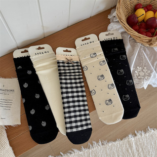songmu秋冬新品 蝴蝶结小猫可爱堆堆棉袜草莓格子无骨袜子女中筒
