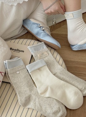 韩系白蓝色布标夏季薄款袜子女中筒袜棉蝴蝶结贝壳配饰JK风堆堆