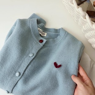 外套 气质蓝色宽松针织衫 简约百搭爱心提花毛衣小开衫 女2025早春款